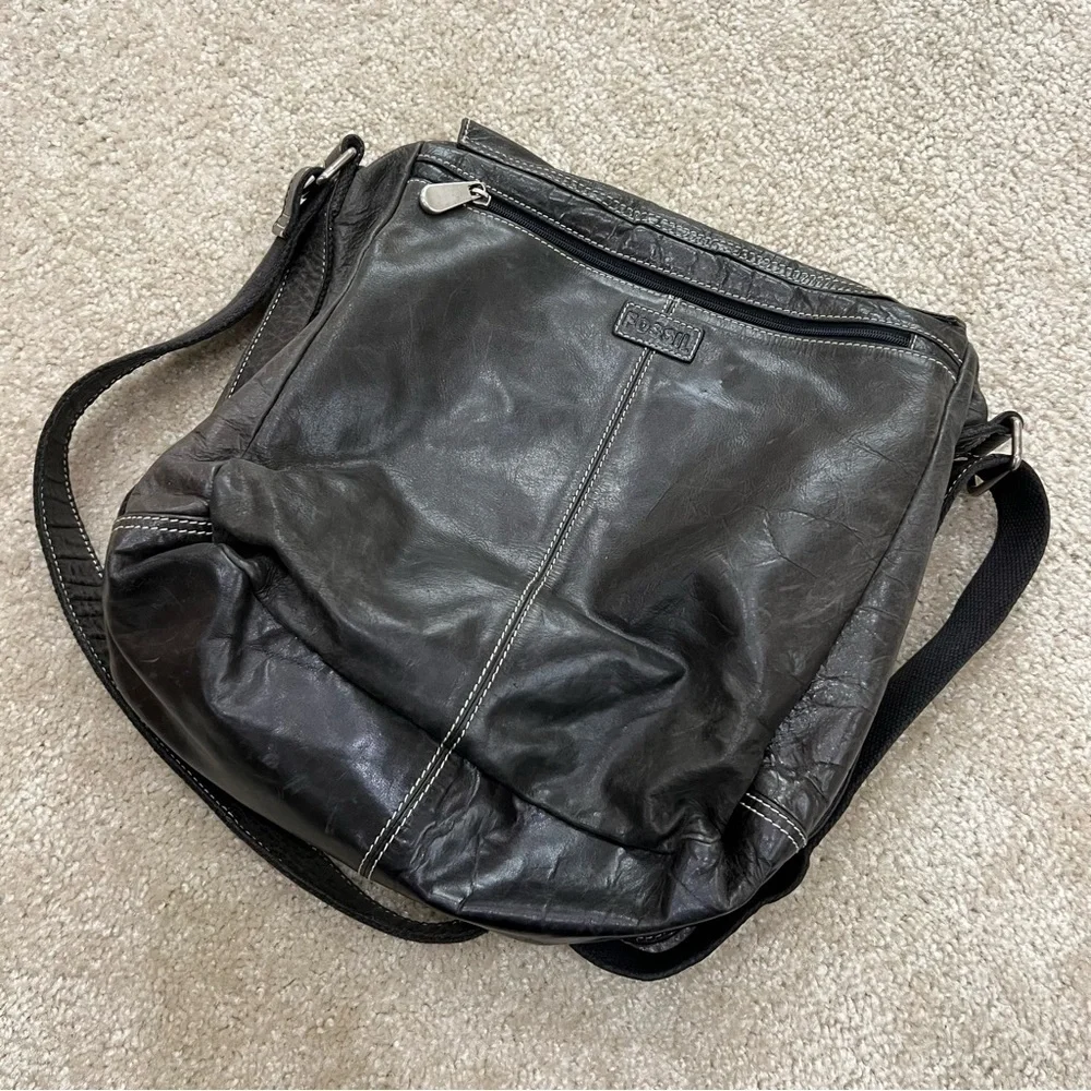 Fossil Leather Messenger LapTop Bag Gray Briefcase Travel Carrying School Carry